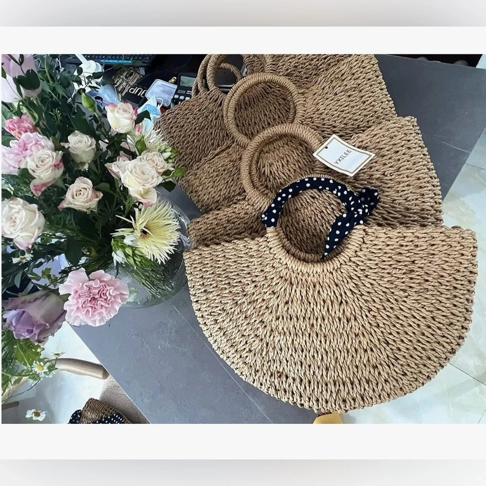 Summer large beach handmade rattan straw tote bag